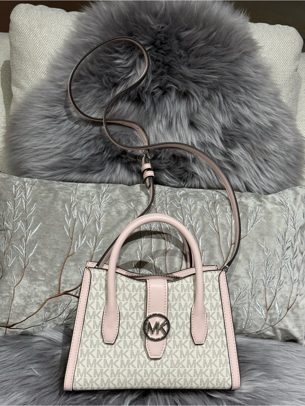 Michael Kors Pink and Cream MK Logo Satchel